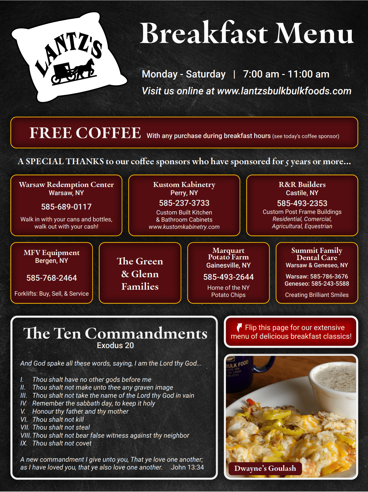 Lantz's Bulk Foods, Restaurant, Breakfast Menu